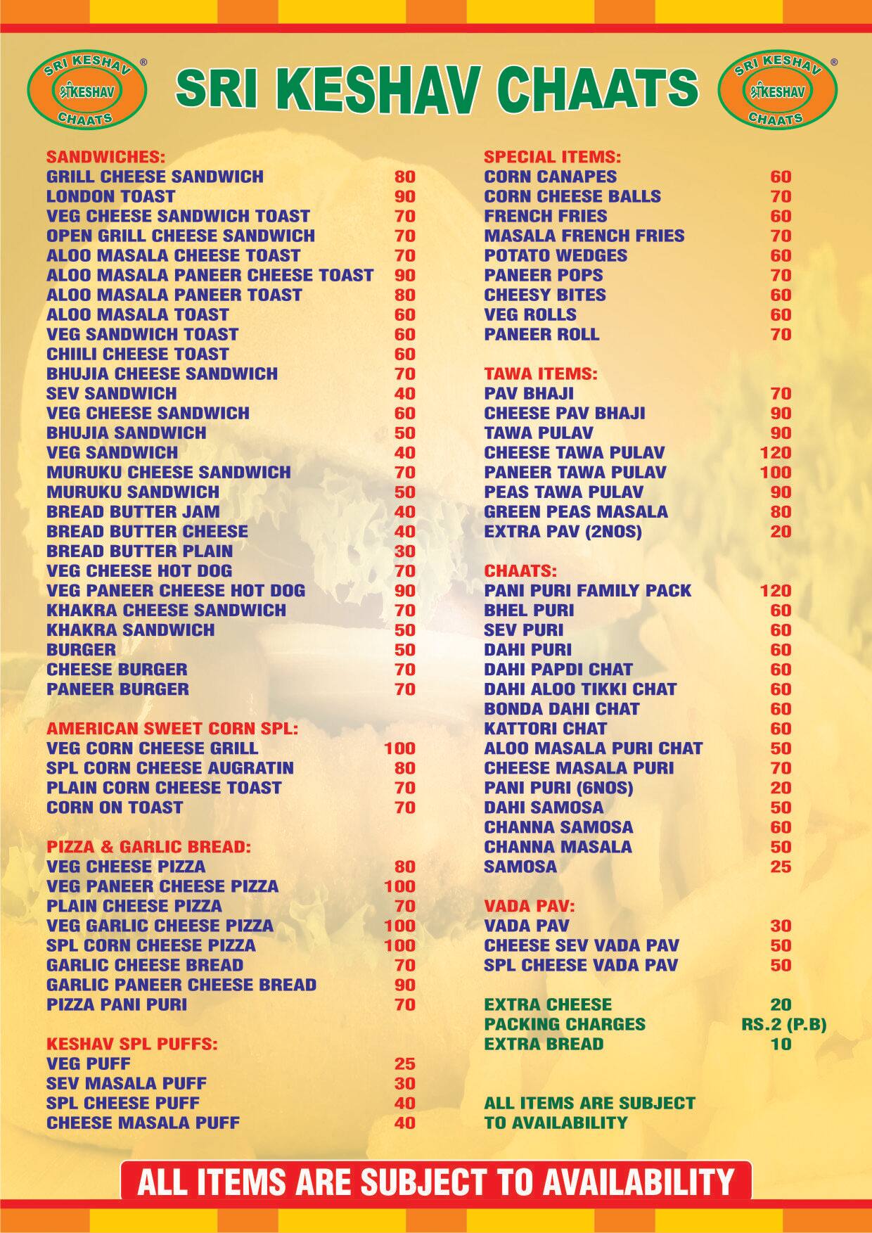 Sri Keshav Chats, Madipakkam Menu